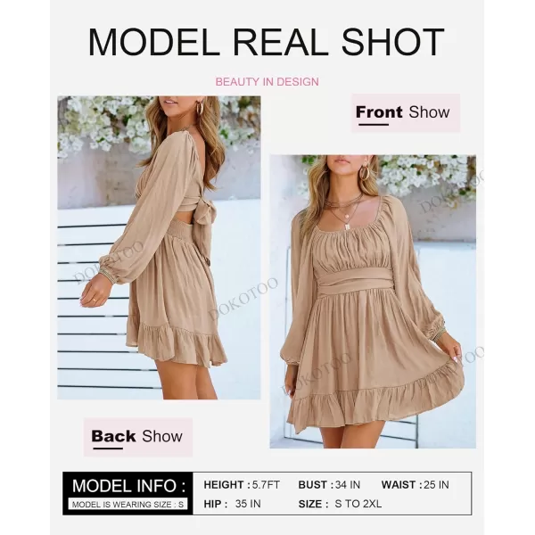 Dokotoo Womens Dress Long Lantern Sleeve Square Neck Tie Backless Sexy Dress Ruffle Elastic Waist A-Line Mini Dress