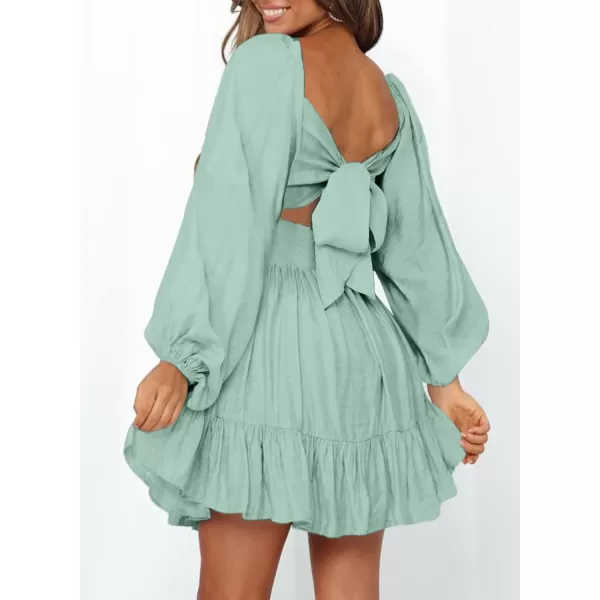 Dokotoo Womens Dress Long Lantern Sleeve Square Neck Tie Backless Sexy Dress Ruffle Elastic Waist A-Line Mini Dress