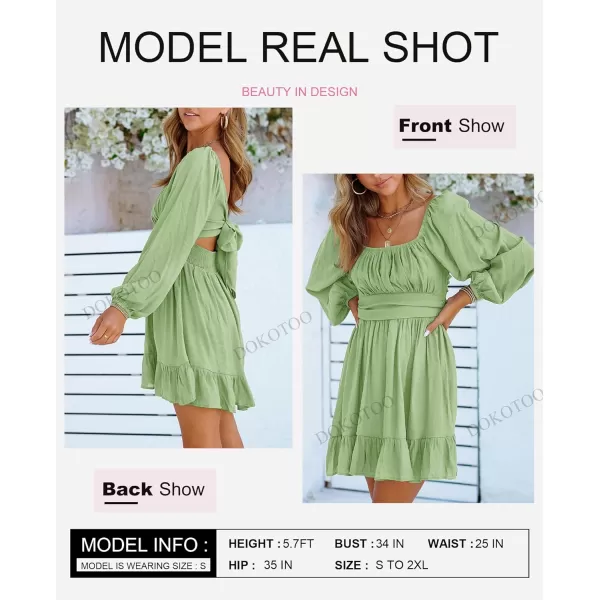 Dokotoo Womens Dress Long Lantern Sleeve Square Neck Tie Backless Sexy Dress Ruffle Elastic Waist A-Line Mini Dress