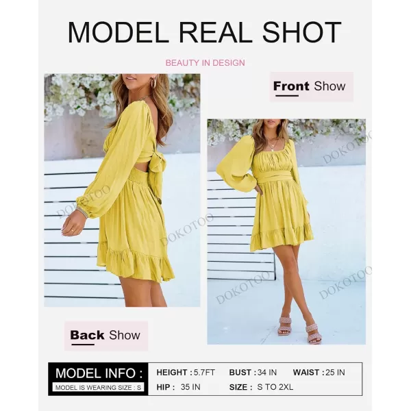 Dokotoo Womens Dress Long Lantern Sleeve Square Neck Tie Backless Sexy Dress Ruffle Elastic Waist A-Line Mini Dress