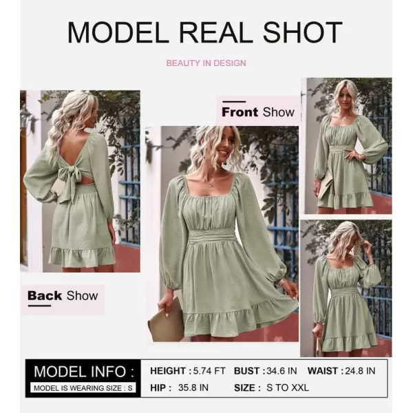 Dokotoo Womens Dress Long Lantern Sleeve Square Neck Tie Backless Sexy Dress Ruffle Elastic Waist A-Line Mini Dress