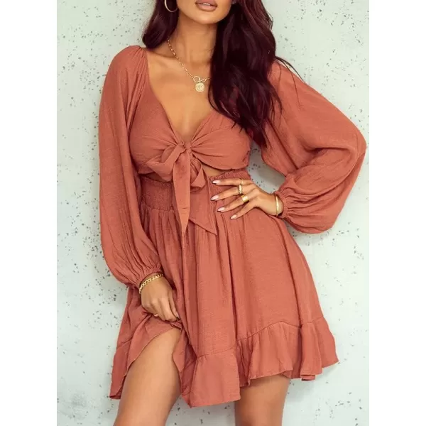 Dokotoo Womens Dress Long Lantern Sleeve Square Neck Tie Backless Sexy Dress Ruffle Elastic Waist A-Line Mini Dress