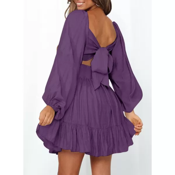 Dokotoo Womens Dress Long Lantern Sleeve Square Neck Tie Backless Sexy Dress Ruffle Elastic Waist A-Line Mini Dress