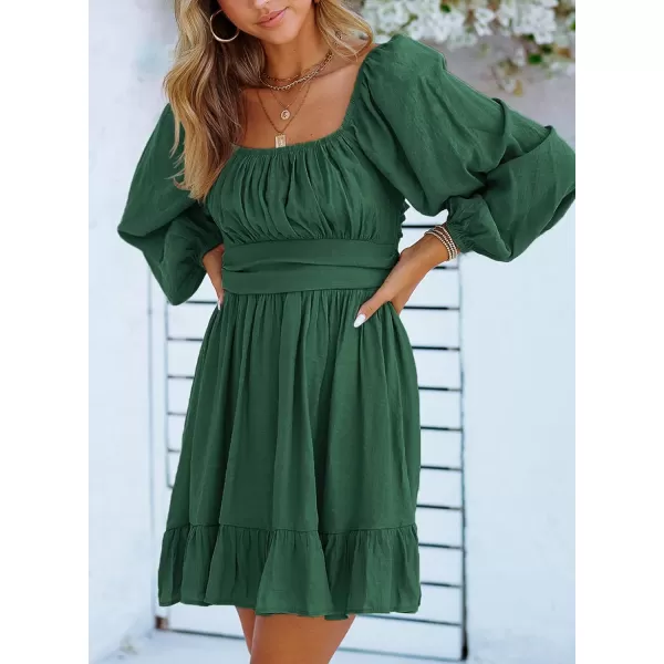 Dokotoo Womens Dress Long Lantern Sleeve Square Neck Tie Backless Sexy Dress Ruffle Elastic Waist A-Line Mini Dress