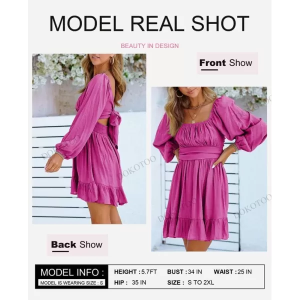 Dokotoo Womens Dress Long Lantern Sleeve Square Neck Tie Backless Sexy Dress Ruffle Elastic Waist A-Line Mini Dress