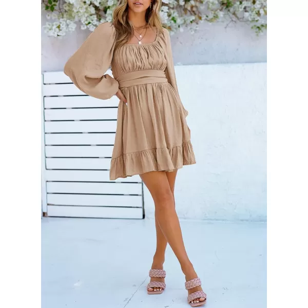 Dokotoo Womens Dress Long Lantern Sleeve Square Neck Tie Backless Sexy Dress Ruffle Elastic Waist A-Line Mini Dress