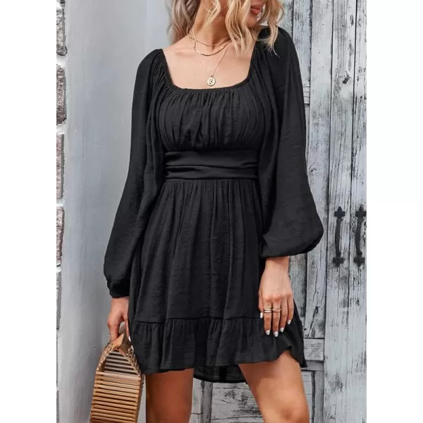 Dokotoo Womens Dress Long Lantern Sleeve Square Neck Tie Backless Sexy Dress Ruffle Elastic Waist A-Line Mini Dress