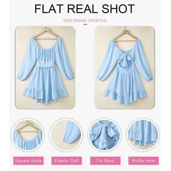 Dokotoo Womens Dress Long Lantern Sleeve Square Neck Tie Backless Sexy Dress Ruffle Elastic Waist A-Line Mini Dress