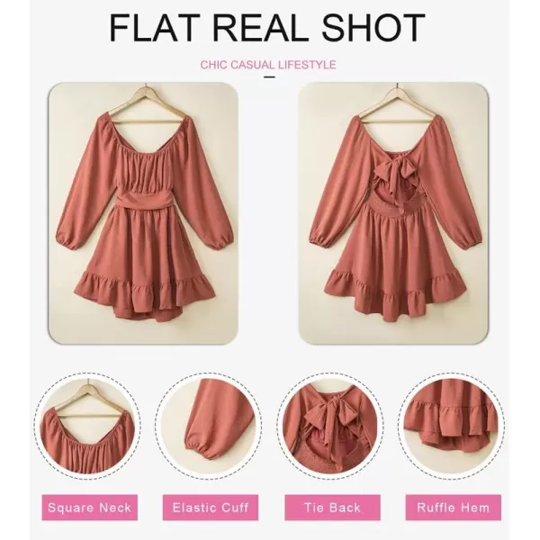 Dokotoo Womens Dress Long Lantern Sleeve Square Neck Tie Backless Sexy Dress Ruffle Elastic Waist A-Line Mini Dress