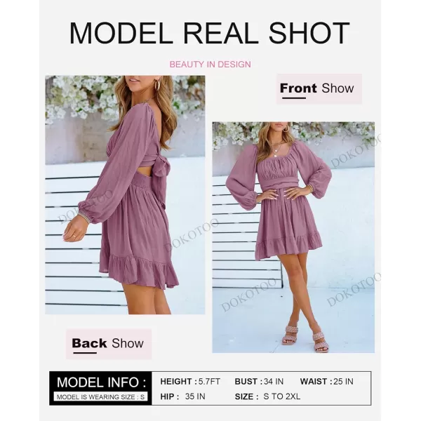 Dokotoo Womens Dress Long Lantern Sleeve Square Neck Tie Backless Sexy Dress Ruffle Elastic Waist A-Line Mini Dress