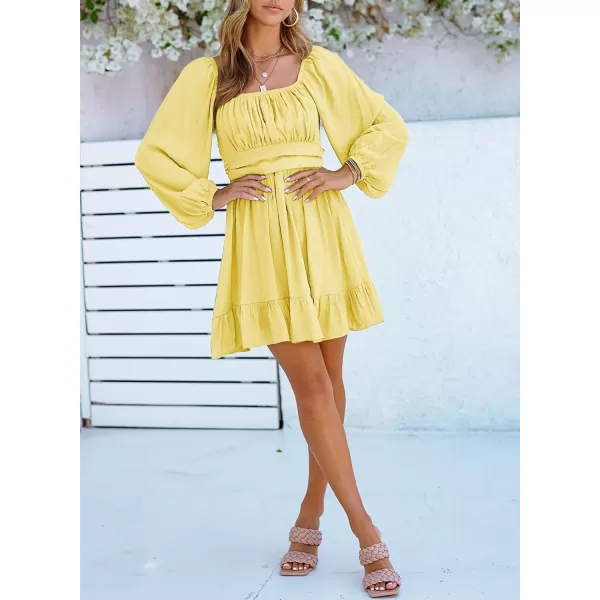 Dokotoo Womens Dress Long Lantern Sleeve Square Neck Tie Backless Sexy Dress Ruffle Elastic Waist A-Line Mini Dress