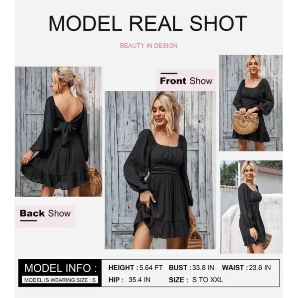 Dokotoo Womens Dress Long Lantern Sleeve Square Neck Tie Backless Sexy Dress Ruffle Elastic Waist A-Line Mini Dress