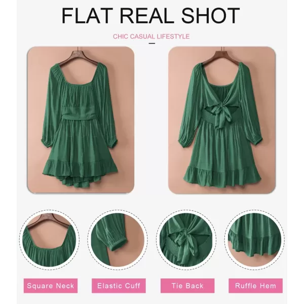 Dokotoo Womens Dress Long Lantern Sleeve Square Neck Tie Backless Sexy Dress Ruffle Elastic Waist A-Line Mini Dress