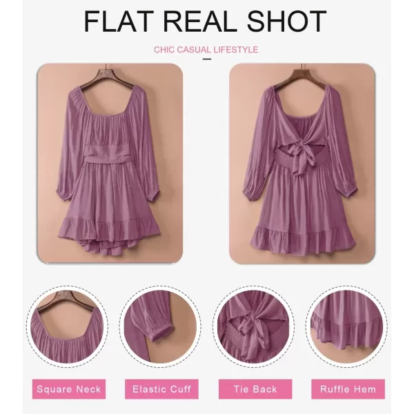 Dokotoo Womens Dress Long Lantern Sleeve Square Neck Tie Backless Sexy Dress Ruffle Elastic Waist A-Line Mini Dress