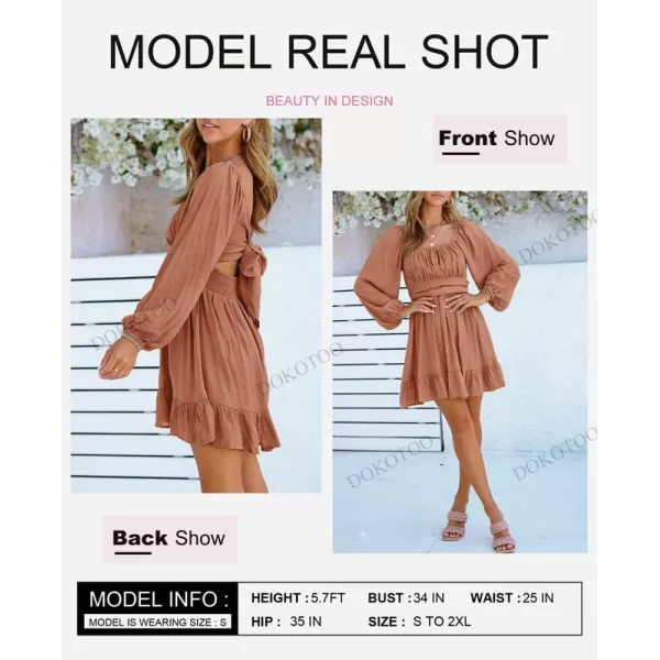 Dokotoo Womens Dress Long Lantern Sleeve Square Neck Tie Backless Sexy Dress Ruffle Elastic Waist A-Line Mini Dress