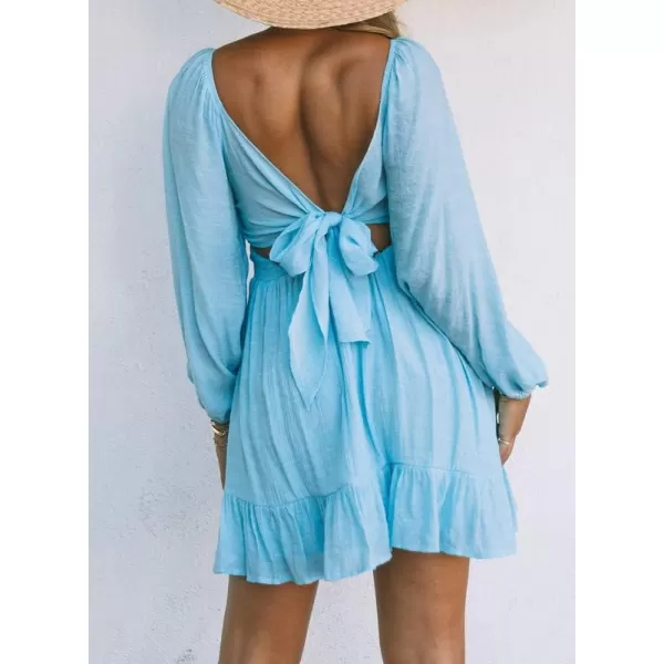 Dokotoo Womens Dress Long Lantern Sleeve Square Neck Tie Backless Sexy Dress Ruffle Elastic Waist A-Line Mini Dress