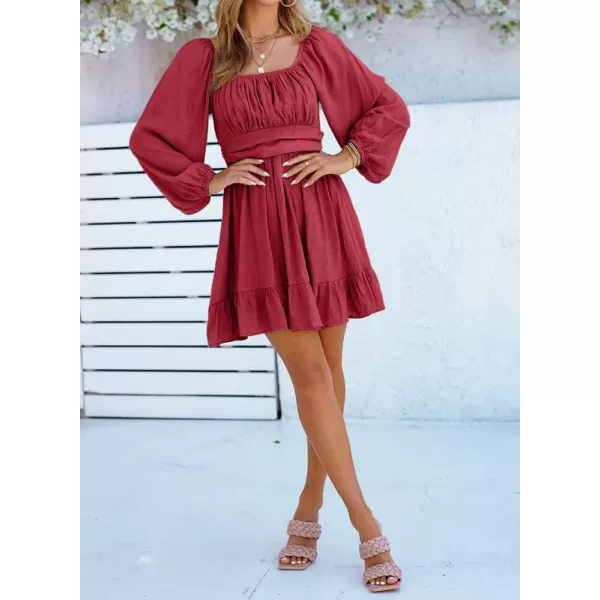Dokotoo Womens Dress Long Lantern Sleeve Square Neck Tie Backless Sexy Dress Ruffle Elastic Waist A-Line Mini Dress