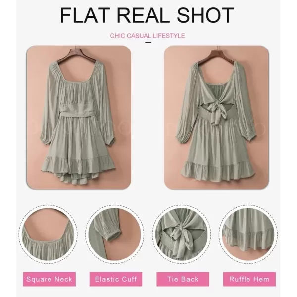 Dokotoo Womens Dress Long Lantern Sleeve Square Neck Tie Backless Sexy Dress Ruffle Elastic Waist A-Line Mini Dress