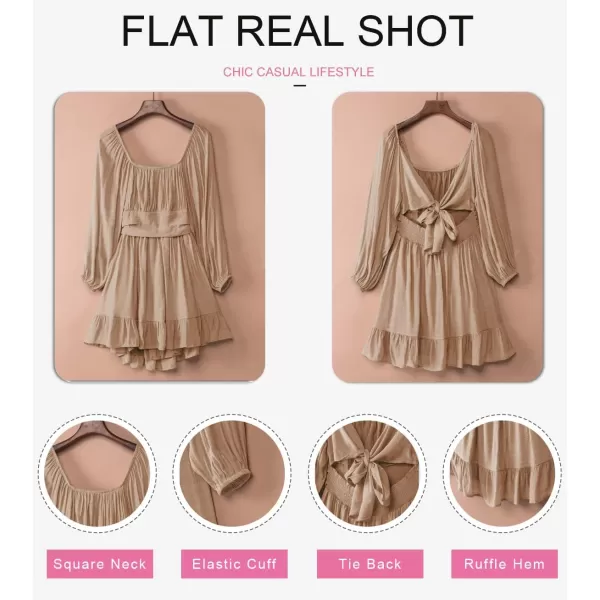 Dokotoo Womens Dress Long Lantern Sleeve Square Neck Tie Backless Sexy Dress Ruffle Elastic Waist A-Line Mini Dress