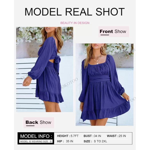 Dokotoo Womens Dress Long Lantern Sleeve Square Neck Tie Backless Sexy Dress Ruffle Elastic Waist A-Line Mini Dress