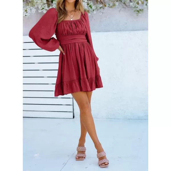 Dokotoo Womens Dress Long Lantern Sleeve Square Neck Tie Backless Sexy Dress Ruffle Elastic Waist A-Line Mini Dress
