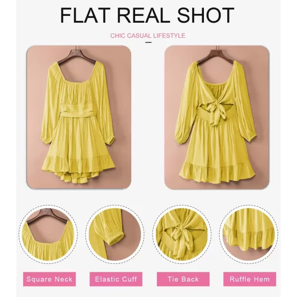 Dokotoo Womens Dress Long Lantern Sleeve Square Neck Tie Backless Sexy Dress Ruffle Elastic Waist A-Line Mini Dress