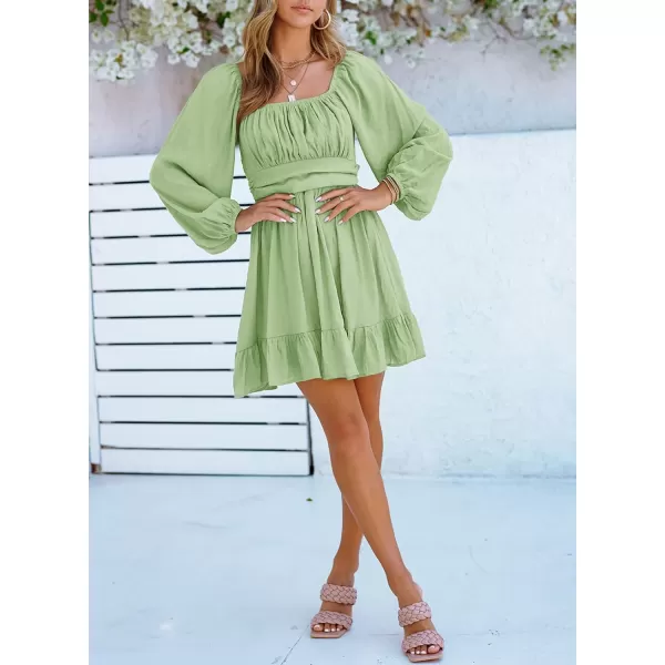 Dokotoo Womens Dress Long Lantern Sleeve Square Neck Tie Backless Sexy Dress Ruffle Elastic Waist A-Line Mini Dress