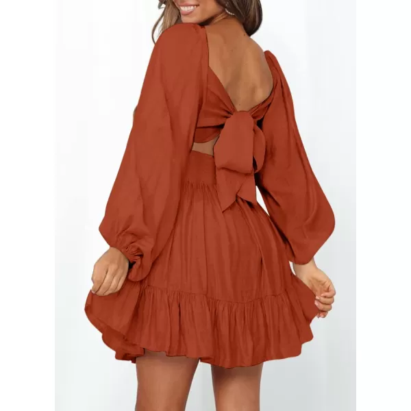 Dokotoo Womens Dress Long Lantern Sleeve Square Neck Tie Backless Sexy Dress Ruffle Elastic Waist A-Line Mini Dress