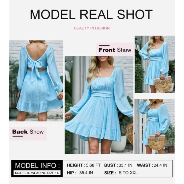 Dokotoo Womens Dress Long Lantern Sleeve Square Neck Tie Backless Sexy Dress Ruffle Elastic Waist A-Line Mini Dress