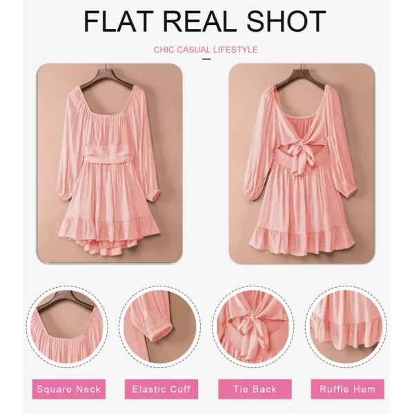 Dokotoo Womens Dress Long Lantern Sleeve Square Neck Tie Backless Sexy Dress Ruffle Elastic Waist A-Line Mini Dress