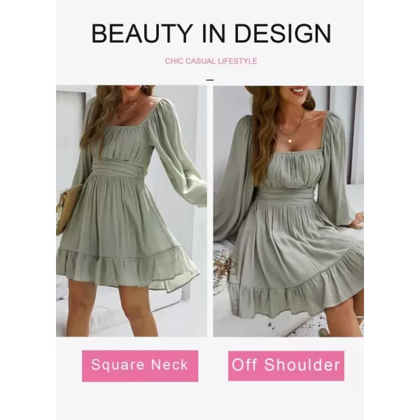 Dokotoo Womens Dress Long Lantern Sleeve Square Neck Tie Backless Sexy Dress Ruffle Elastic Waist A-Line Mini Dress