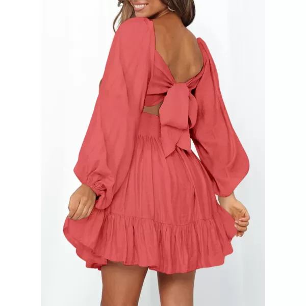 Dokotoo Womens Dress Long Lantern Sleeve Square Neck Tie Backless Sexy Dress Ruffle Elastic Waist A-Line Mini Dress