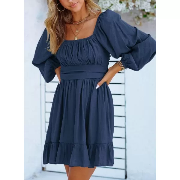 Dokotoo Womens Dress Long Lantern Sleeve Square Neck Tie Backless Sexy Dress Ruffle Elastic Waist A-Line Mini Dress