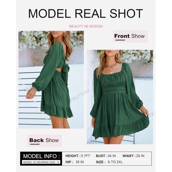 Dokotoo Womens Dress Long Lantern Sleeve Square Neck Tie Backless Sexy Dress Ruffle Elastic Waist A-Line Mini Dress