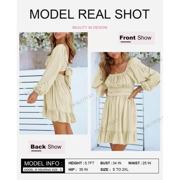 Dokotoo Womens Dress Long Lantern Sleeve Square Neck Tie Backless Sexy Dress Ruffle Elastic Waist A-Line Mini Dress