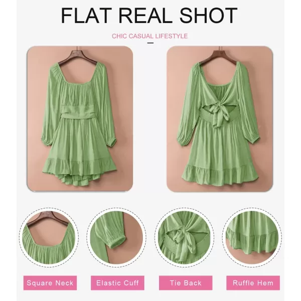 Dokotoo Womens Dress Long Lantern Sleeve Square Neck Tie Backless Sexy Dress Ruffle Elastic Waist A-Line Mini Dress