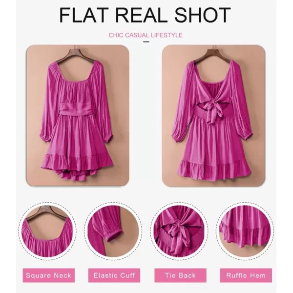 Dokotoo Womens Dress Long Lantern Sleeve Square Neck Tie Backless Sexy Dress Ruffle Elastic Waist A-Line Mini Dress