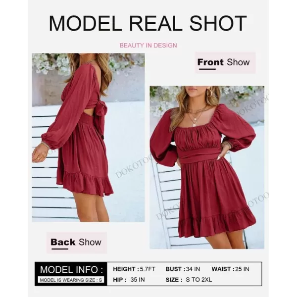 Dokotoo Womens Dress Long Lantern Sleeve Square Neck Tie Backless Sexy Dress Ruffle Elastic Waist A-Line Mini Dress