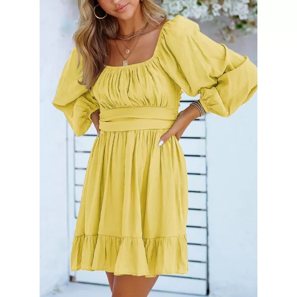 Dokotoo Womens Dress Long Lantern Sleeve Square Neck Tie Backless Sexy Dress Ruffle Elastic Waist A-Line Mini Dress