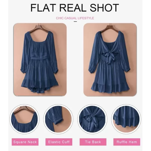 Dokotoo Womens Dress Long Lantern Sleeve Square Neck Tie Backless Sexy Dress Ruffle Elastic Waist A-Line Mini Dress