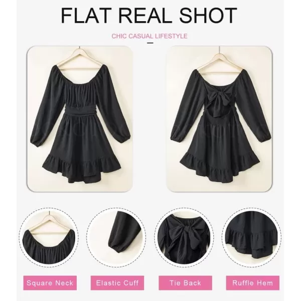 Dokotoo Womens Dress Long Lantern Sleeve Square Neck Tie Backless Sexy Dress Ruffle Elastic Waist A-Line Mini Dress