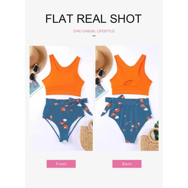 Dokotoo Womens Scoop Neck Racerback High Waisted Bikini Sets Two Piece Swimsuit Floral Print Tummy Control Bathing Suit