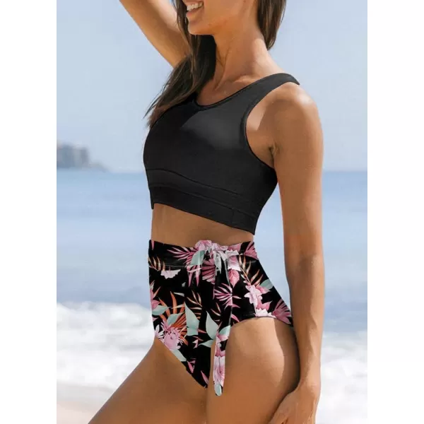 Dokotoo Womens Scoop Neck Racerback High Waisted Bikini Sets Two Piece Swimsuit Floral Print Tummy Control Bathing Suit