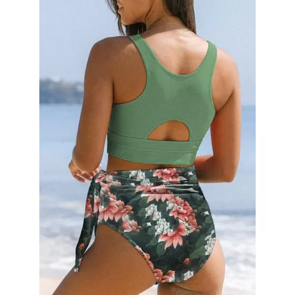 Dokotoo Womens Scoop Neck Racerback High Waisted Bikini Sets Two Piece Swimsuit Floral Print Tummy Control Bathing Suit