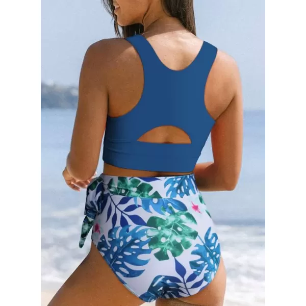 Dokotoo Womens Scoop Neck Racerback High Waisted Bikini Sets Two Piece Swimsuit Floral Print Tummy Control Bathing Suit