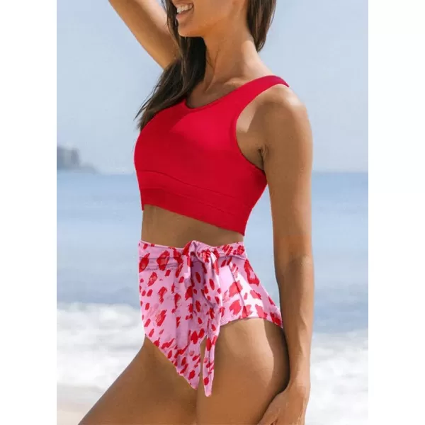 Dokotoo Womens Scoop Neck Racerback High Waisted Bikini Sets Two Piece Swimsuit Floral Print Tummy Control Bathing Suit