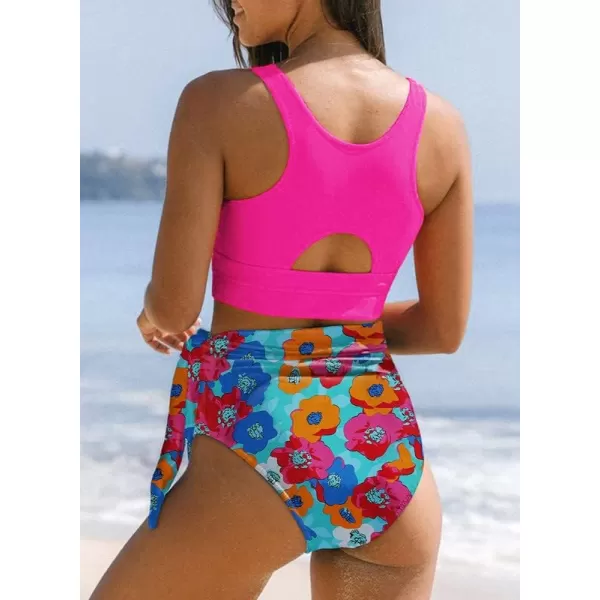 Dokotoo Womens Scoop Neck Racerback High Waisted Bikini Sets Two Piece Swimsuit Floral Print Tummy Control Bathing Suit