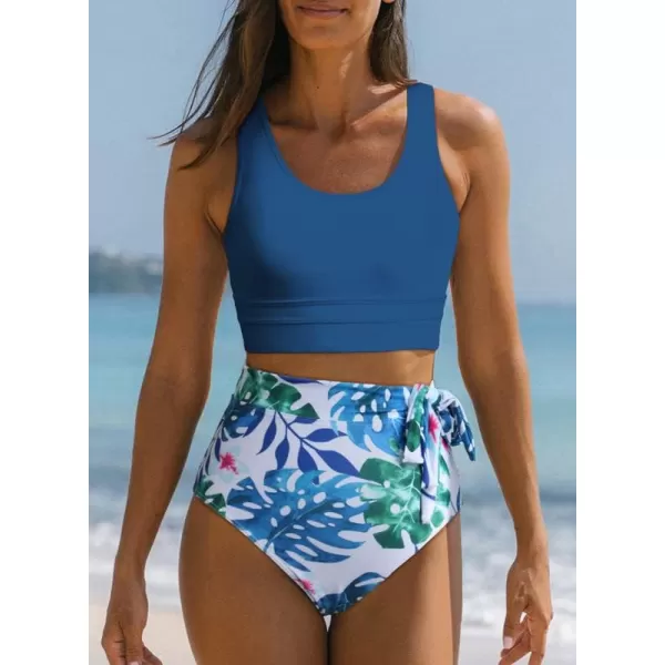 Dokotoo Womens Scoop Neck Racerback High Waisted Bikini Sets Two Piece Swimsuit Floral Print Tummy Control Bathing Suit