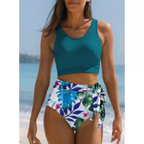 Dokotoo Womens Scoop Neck Racerback High Waisted Bikini Sets Two Piece Swimsuit Floral Print Tummy Control Bathing Suit