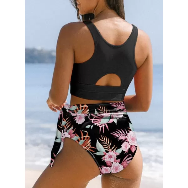 Dokotoo Womens Scoop Neck Racerback High Waisted Bikini Sets Two Piece Swimsuit Floral Print Tummy Control Bathing Suit